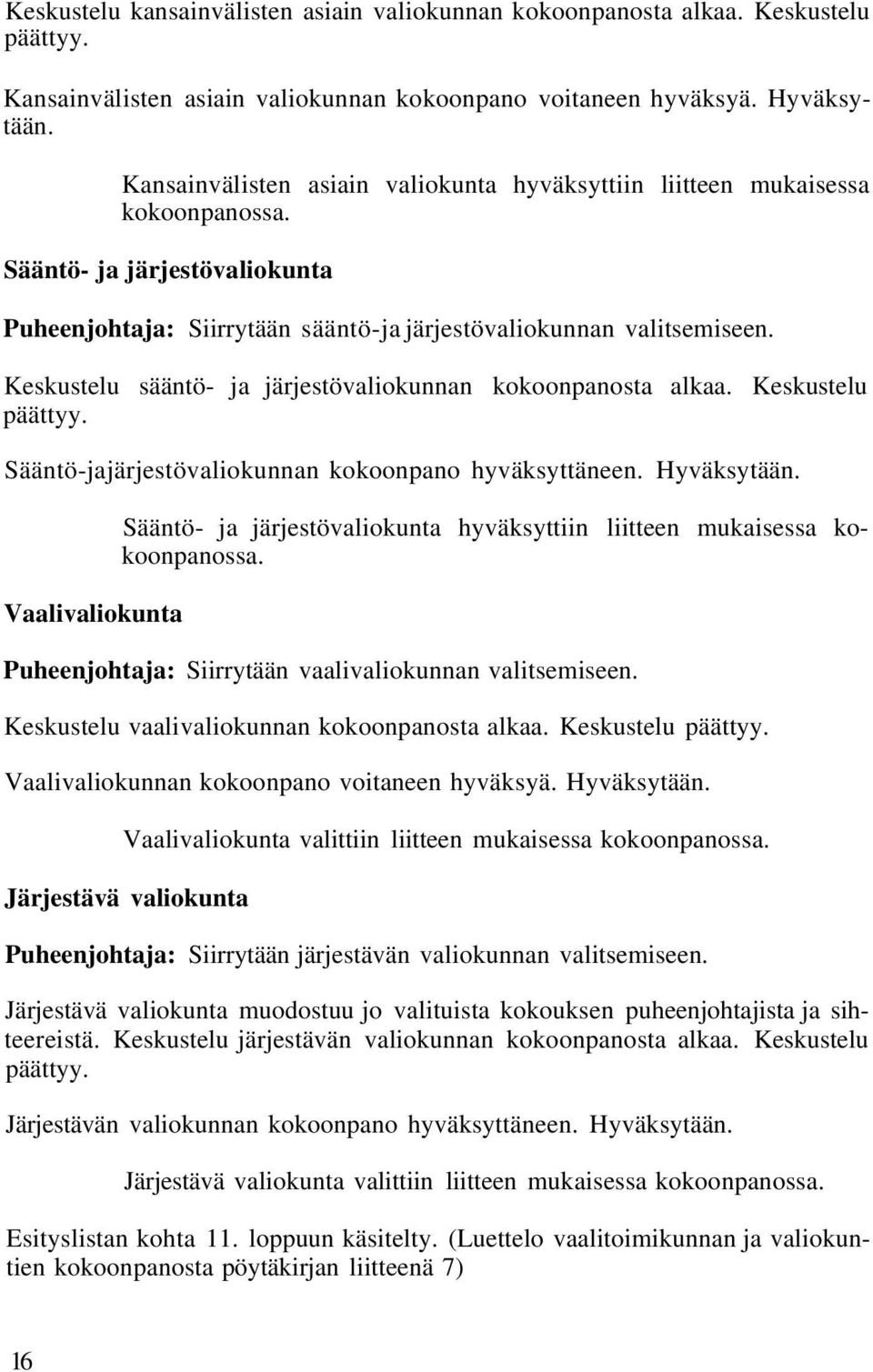 Keskustelu sääntö- ja järjestövaliokunnan kokoonpanosta alkaa. Keskustelu päättyy. Sääntö-jajärjestövaliokunnan kokoonpano hyväksyttäneen. Hyväksytään.