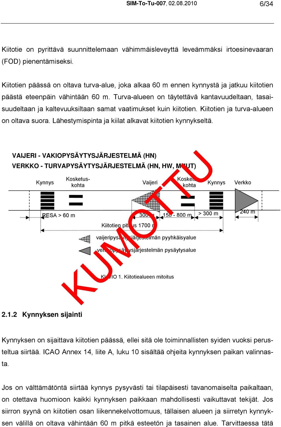 Turva-alueen on täytettävä kantavuudeltaan, tasaisuudeltaan ja kaltevuuksiltaan samat vaatimukset kuin kiitotien. Kiitotien ja turva-alueen on oltava suora.