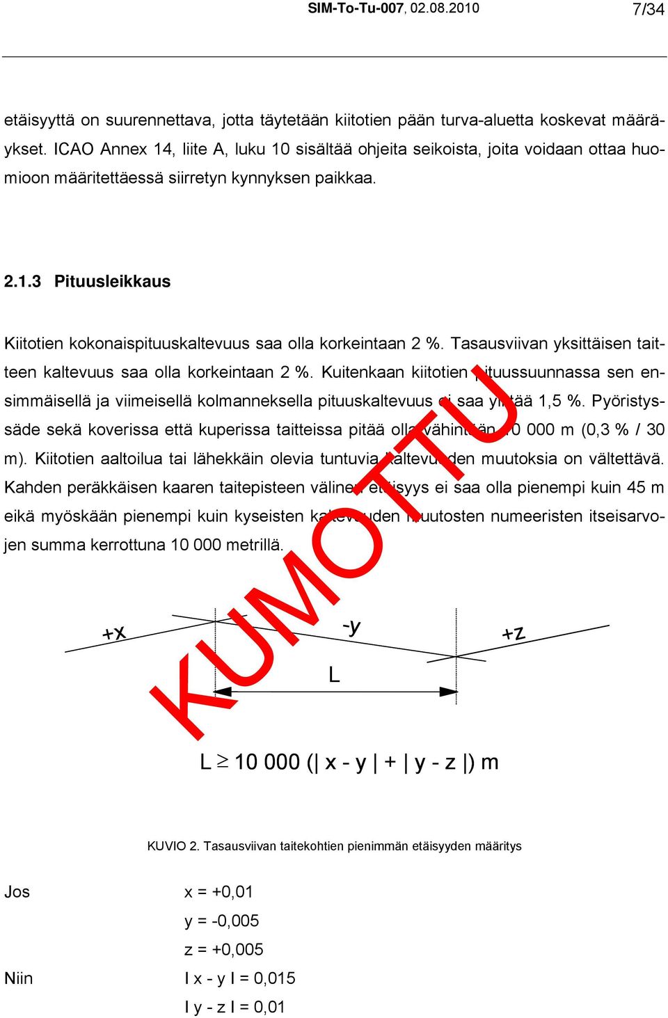 Tasausviivan yksittäisen taitteen kaltevuus saa olla korkeintaan 2 %. Kuitenkaan kiitotien pituussuunnassa sen ensimmäisellä ja viimeisellä kolmanneksella pituuskaltevuus ei saa ylittää 1,5 %.