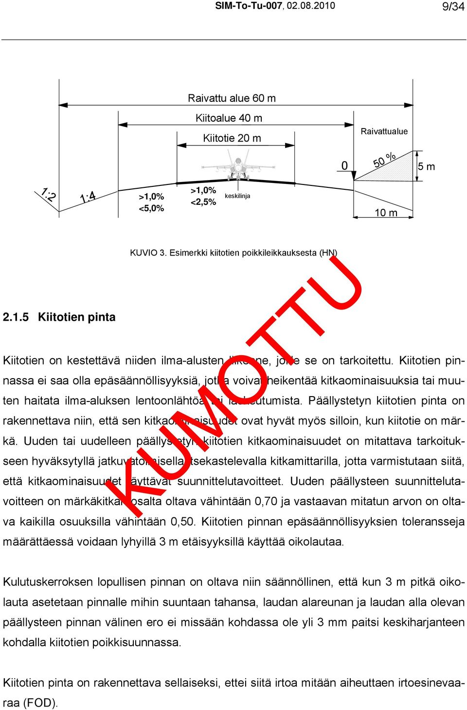 Kiitotien pinnassa ei saa olla epäsäännöllisyyksiä, jotka voivat heikentää kitkaominaisuuksia tai muuten haitata ilma-aluksen lentoonlähtöä tai laskeutumista.