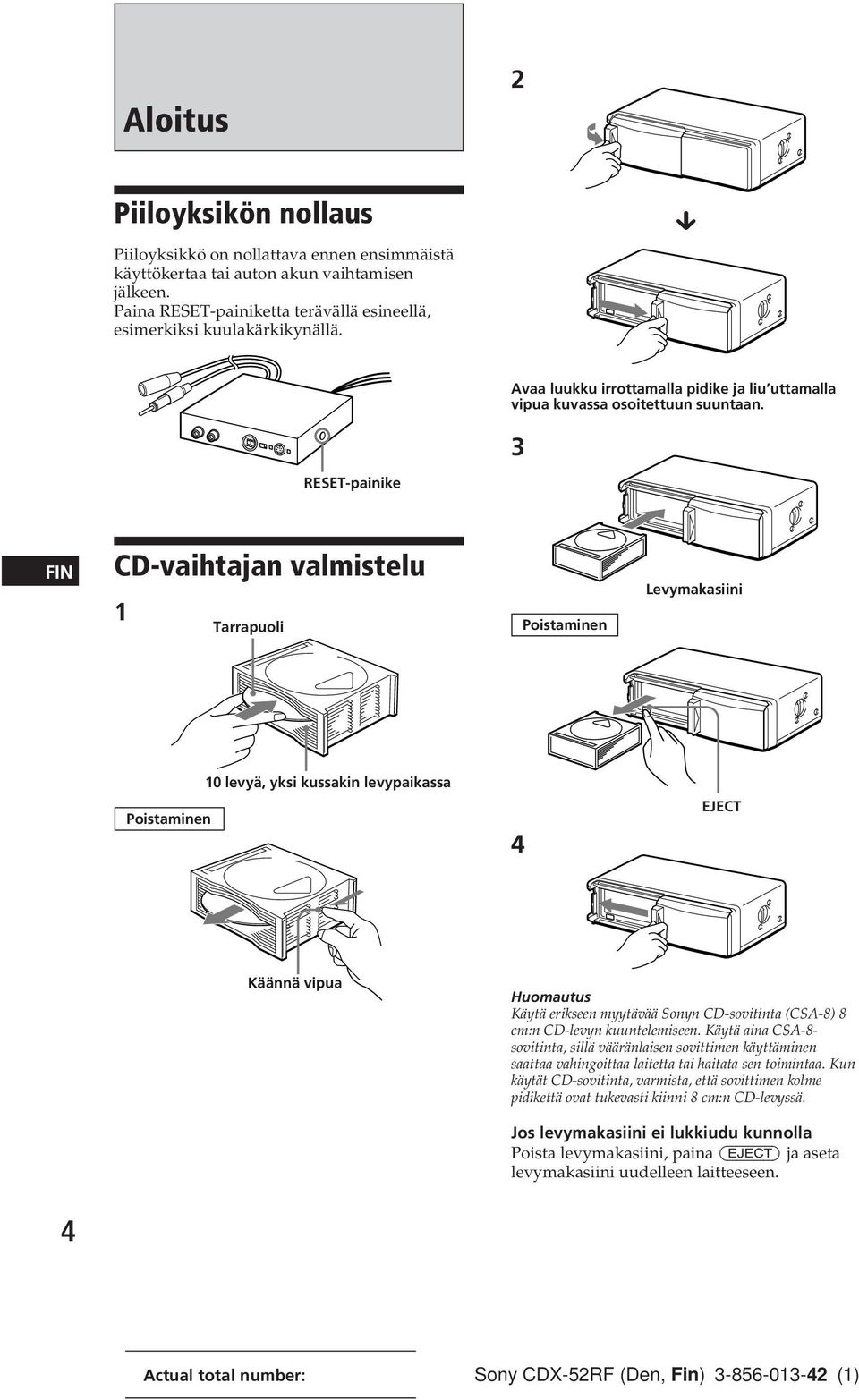 3 RESET-painike FIN CD-vaihtajan valmistelu 1 Tarrapuoli Poistaminen Levymakasiini 10 levyä, yksi kussakin levypaikassa Poistaminen 4 EJECT Käännä vipua Huomautus Käytä erikseen myytävää Sonyn