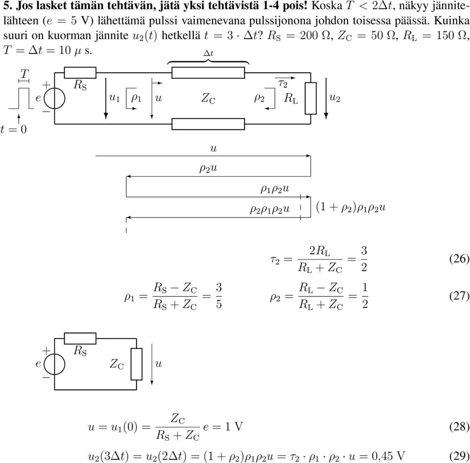 Kuinka suuri on kuorman jännite u 2 (t) hetkellä t =? S = 200 Ω, Z = 50 Ω, = 50 Ω, = = 0 µ s.