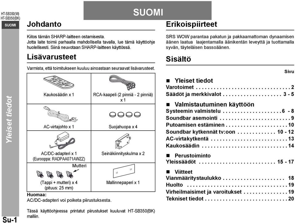 RCA-kaapeli (2 pinniä - 2 pinniä) x 1 AC-virtajohto x 1 Suojahuopa x 4 AC/DC-adapteri x 1 (Eurooppa: RADPAA071AWZZ) Mutteri (Tappi + mutteri) x 4 (pituus: 25 mm) Seinäkiinnityskulma x 2