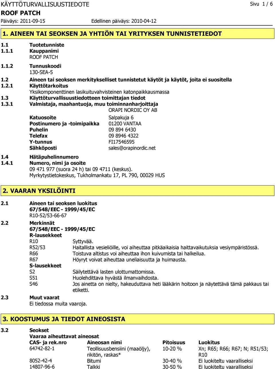 3 Käyttöturvallisuustiedotteen toimittajan tiedot 1.3.1 Valmistaja, maahantuoja, muu toiminnanharjoittaja ORAPI NORDIC OY AB Katuosoite Salpakuja 6 Postinumero ja -toimipaikka 01200 VANTAA Puhelin 09