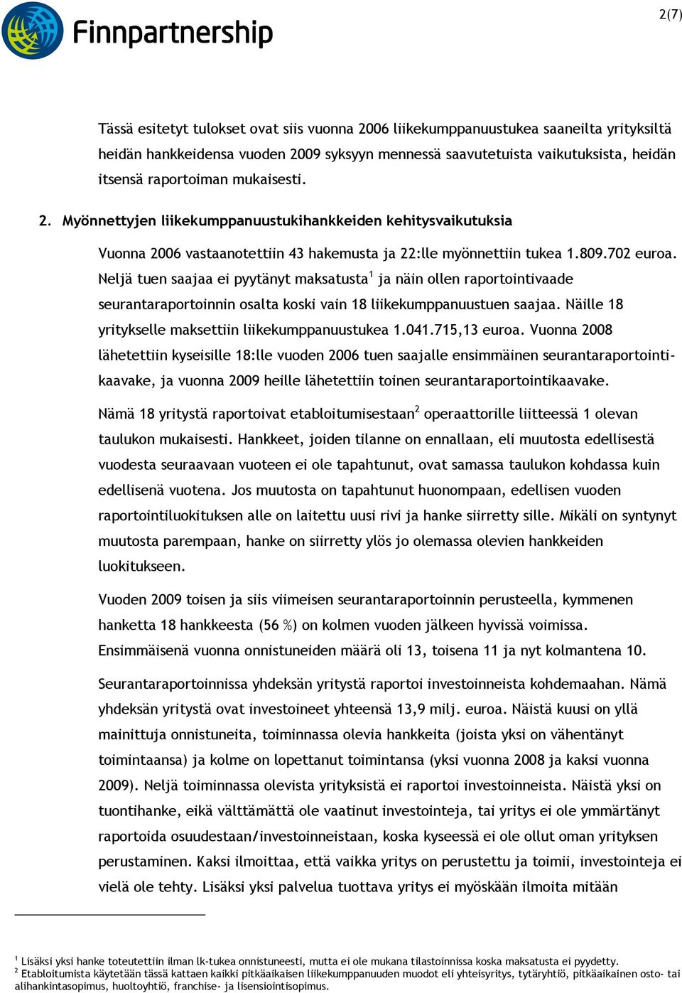 Neljä tuen saajaa ei pyytänyt maksatusta 1 ja näin ollen raportointivaade seurantaraportoinnin osalta koski vain 18 liikekumppanuustuen saajaa. Näille 18 yritykselle maksettiin liikekumppanuustukea 1.