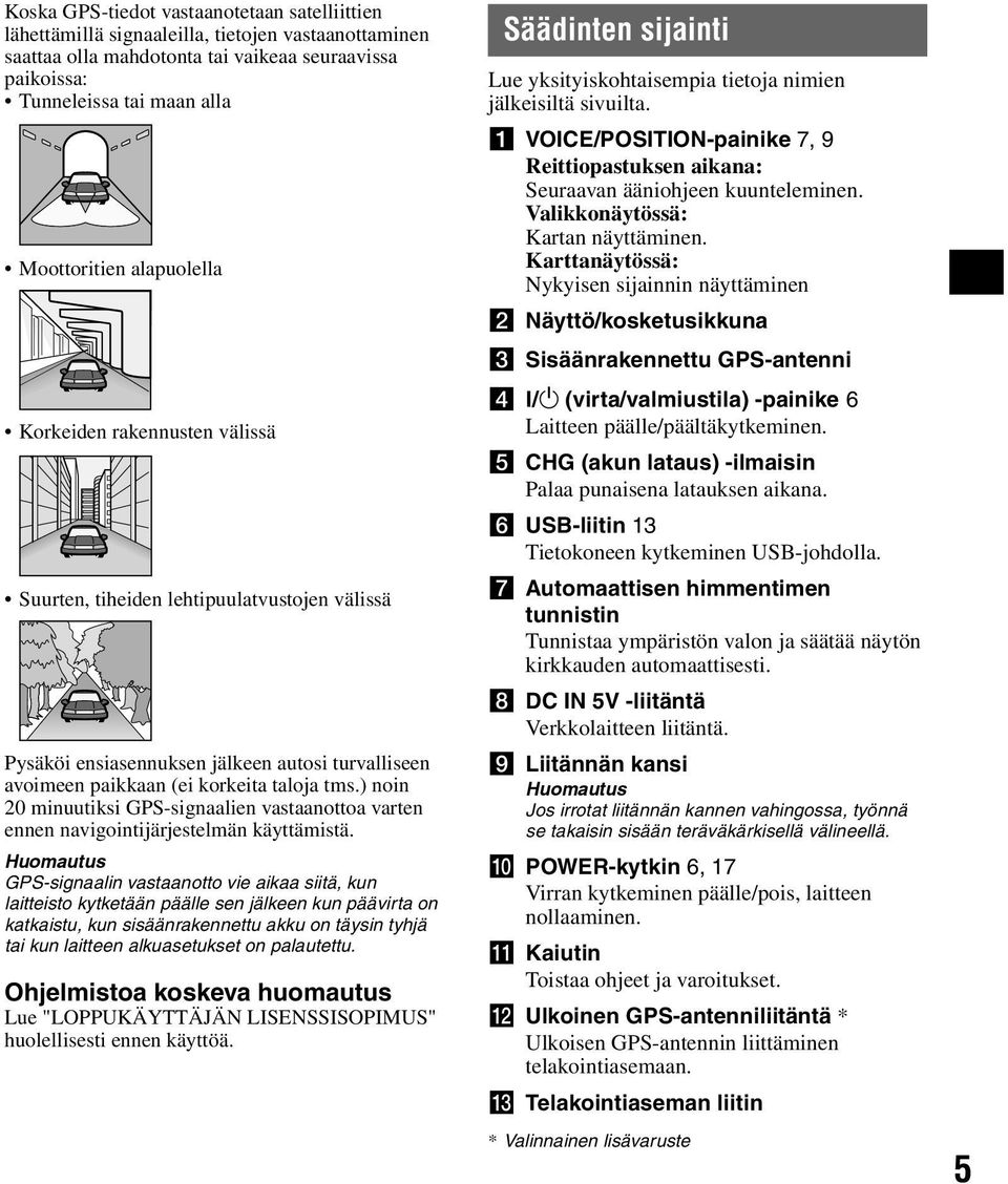 ) noin 20 minuutiksi GPS-signaalien vastaanottoa varten ennen navigointijärjestelmän käyttämistä.