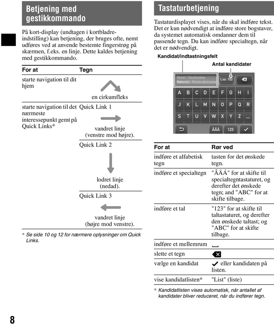 For at Tegn starte navigation til dit hjem en cirkumfleks starte navigation til det Quick Link 1 nærmeste interessepunkt gemt på Quick Links* vandret linje (venstre mod højre).