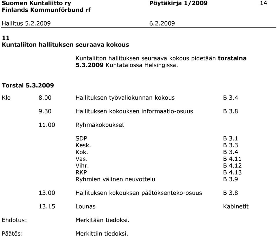 30 Hallituksen kokouksen informaatio-osuus B 3.8 11.00 Ryhmäkokoukset SDP B 3.1 Kesk. B 3.3 Kok. B 3.4 Vas. B 4.11 Vihr. B 4.12 RKP B 4.