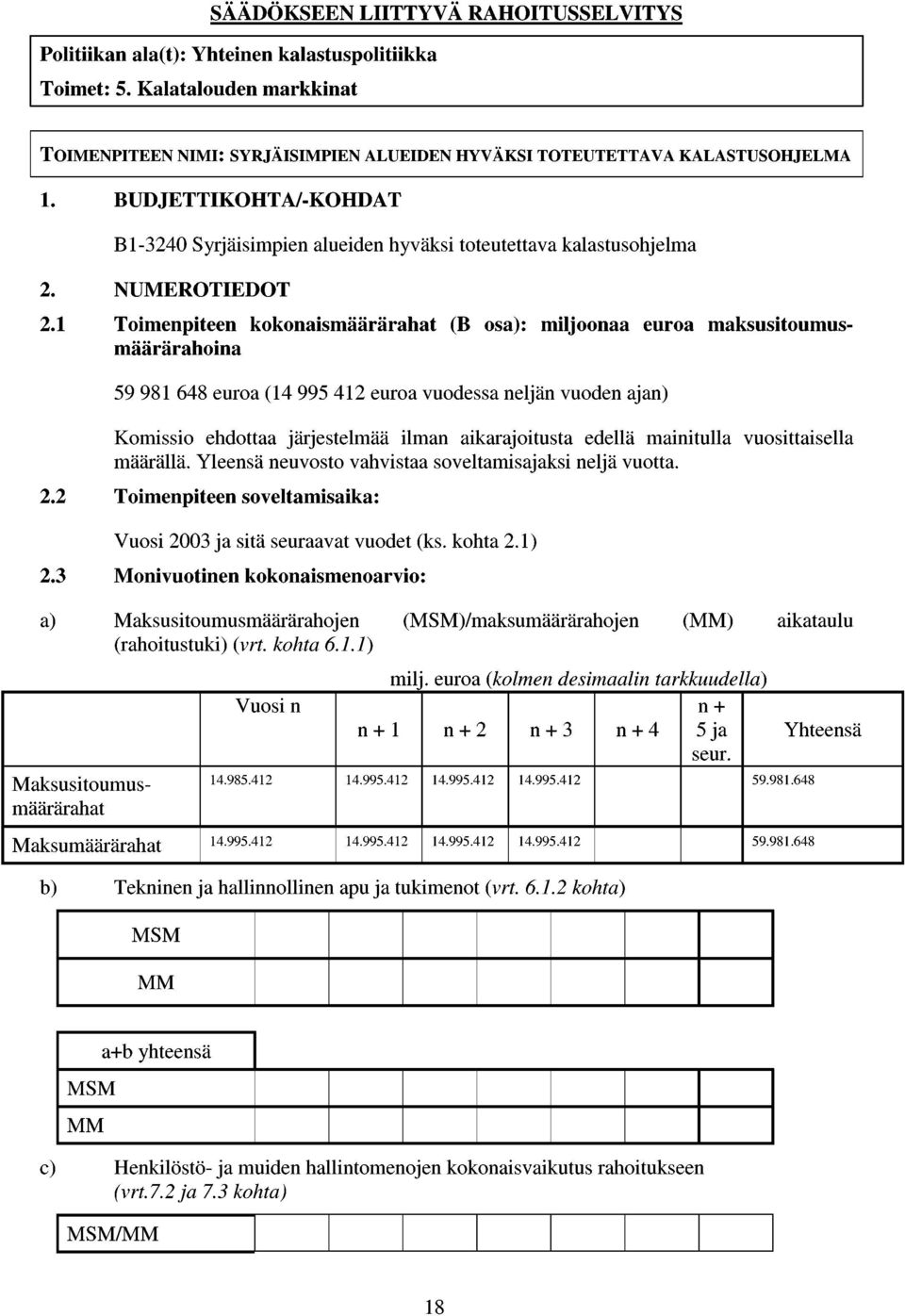 NUMEROTIEDOT 59 981 648 euroa (14 995 412 euroa vuodessa neljän vuoden ajan) Komissio ehdottaa järjestelmää ilman aikarajoitusta edellä mainitulla vuosittaisella määrällä.