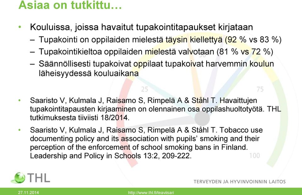 Havaittujen tupakointitapausten kirjaaminen on olennainen osa oppilashuoltotyötä. THL tutkimuksesta tiiviisti 18/2014. Saaristo V, Kulmala J, Raisamo S, Rimpelä A & Ståhl T.