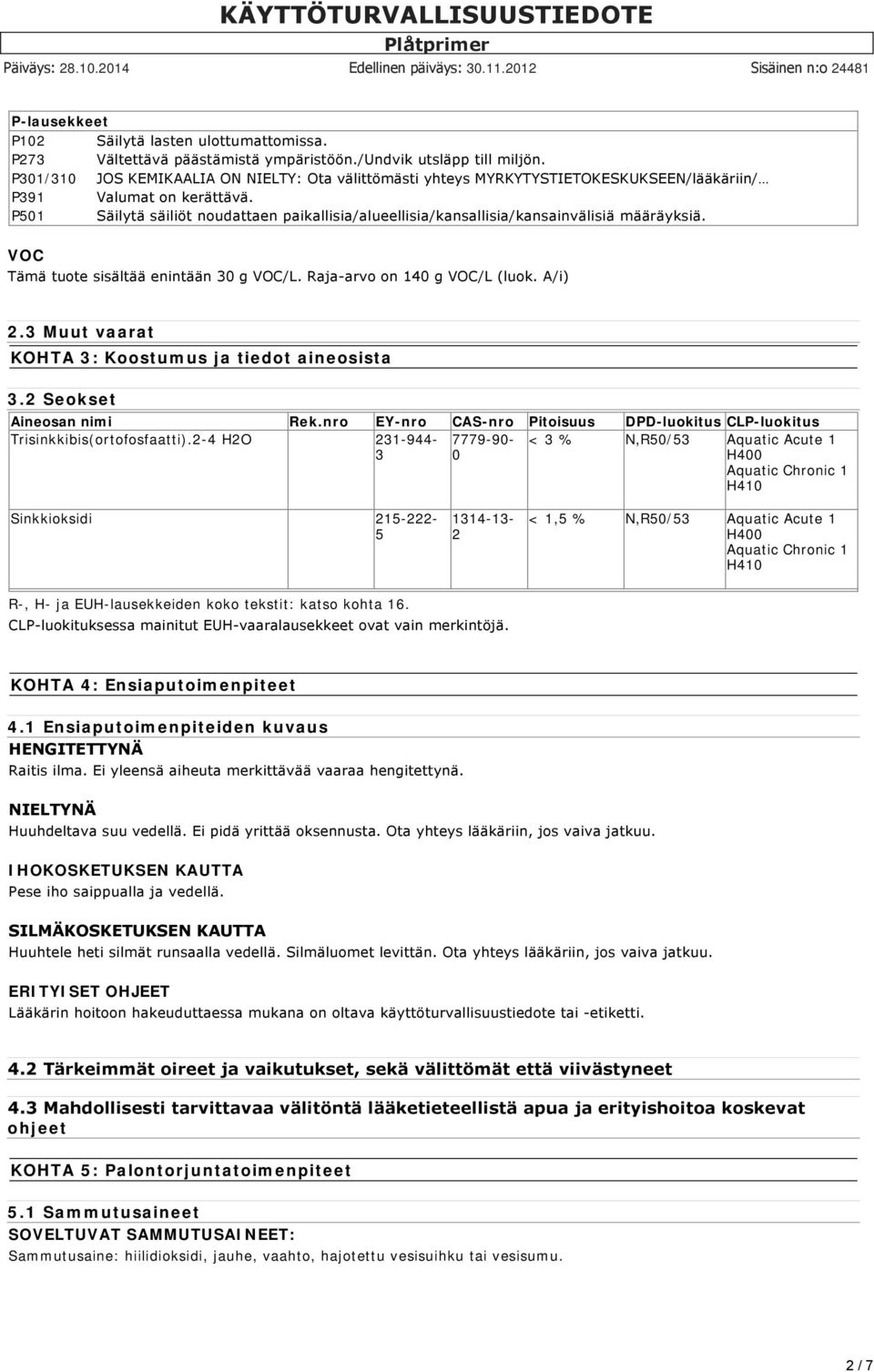 P501 Säilytä säiliöt noudattaen paikallisia/alueellisia/kansallisia/kansainvälisiä määräyksiä. VOC Tämä tuote sisältää enintään 30 g VOC/L. Raja arvo on 140 g VOC/L (luok. A/i) 2.
