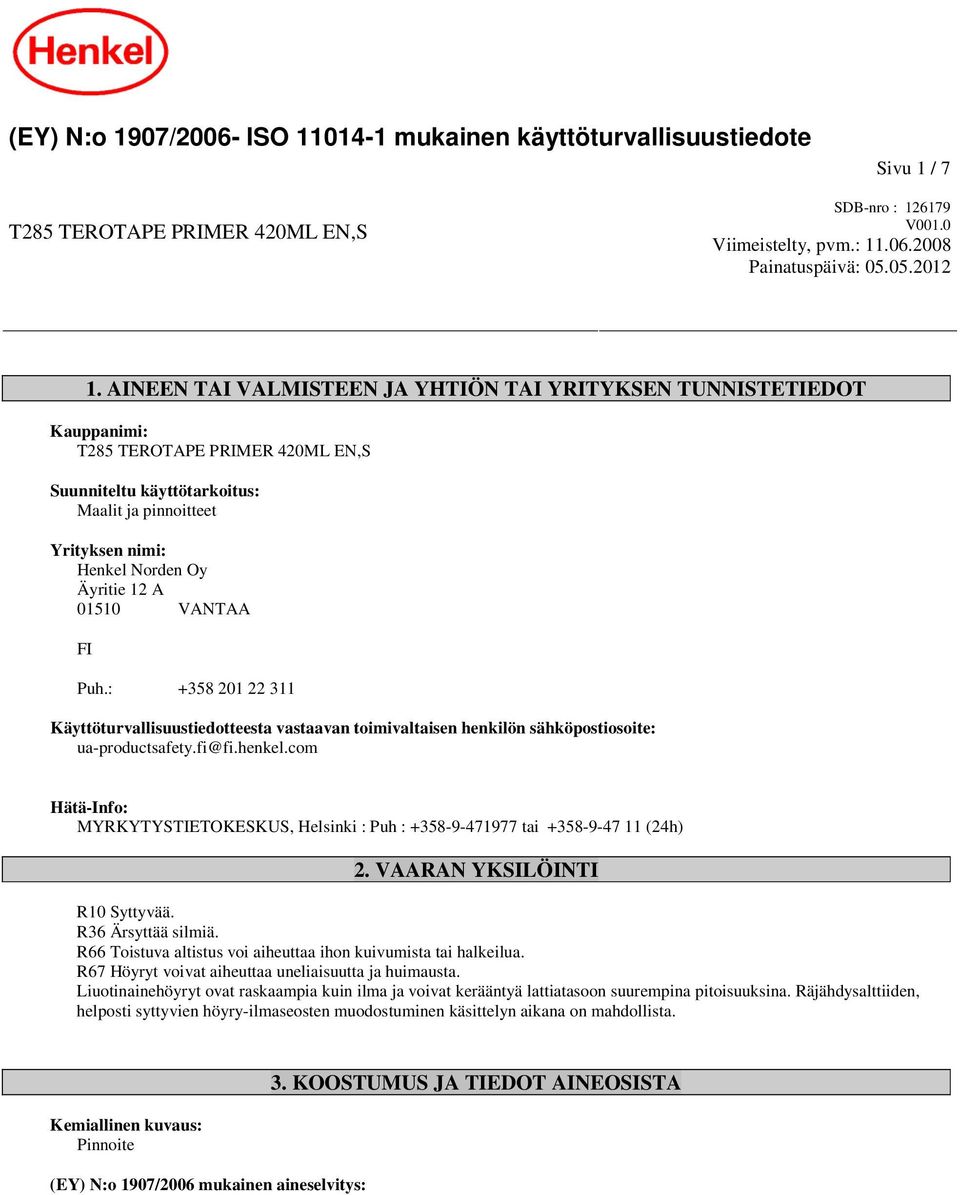 A 01510 VANTAA FI Puh.: +358 201 22 311 Käyttöturvallisuustiedotteesta vastaavan toimivaltaisen henkilön sähköpostiosoite: ua-productsafety.fi@fi.henkel.