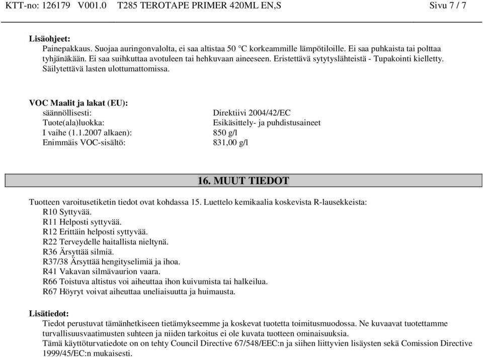 VOC Maalit ja lakat (EU): säännöllisesti: Tuote(ala)luokka: I vaihe (1.1.2007 alkaen): Enimmäis VOC-sisältö: Direktiivi 2004/42/EC Esikäsittely- ja puhdistusaineet 850 g/l 831,00 g/l 16.