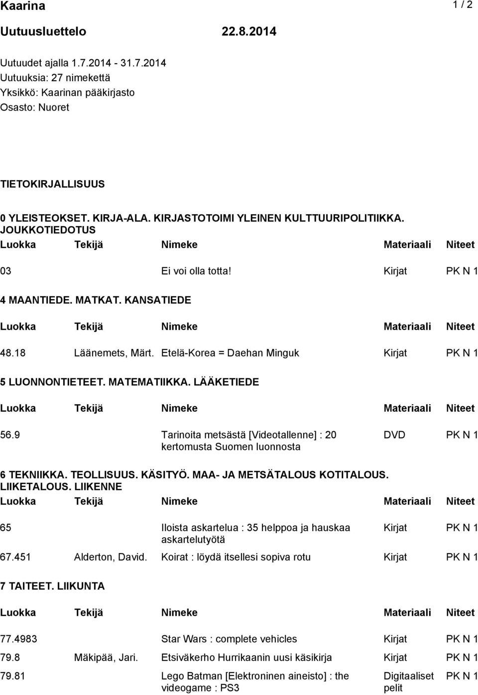 MATEMATIIKKA. LÄÄKETIEDE 56.9 Tarinoita metsästä [Videotallenne] : 20 kertomusta Suomen luonnosta DVD 6 TEKNIIKKA. TEOLLISUUS. KÄSITYÖ. MAA- JA METSÄTALOUS KOTITALOUS. LIIKETALOUS.