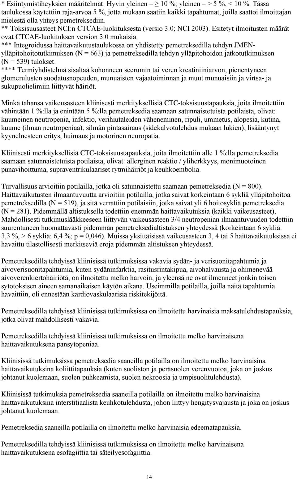 ** Toksisuusasteet NCI:n CTCAE-luokituksesta (versio 3.0; NCI 2003). Esitetyt ilmoitusten määrät ovat CTCAE-luokituksen version 3.0 mukaisia.