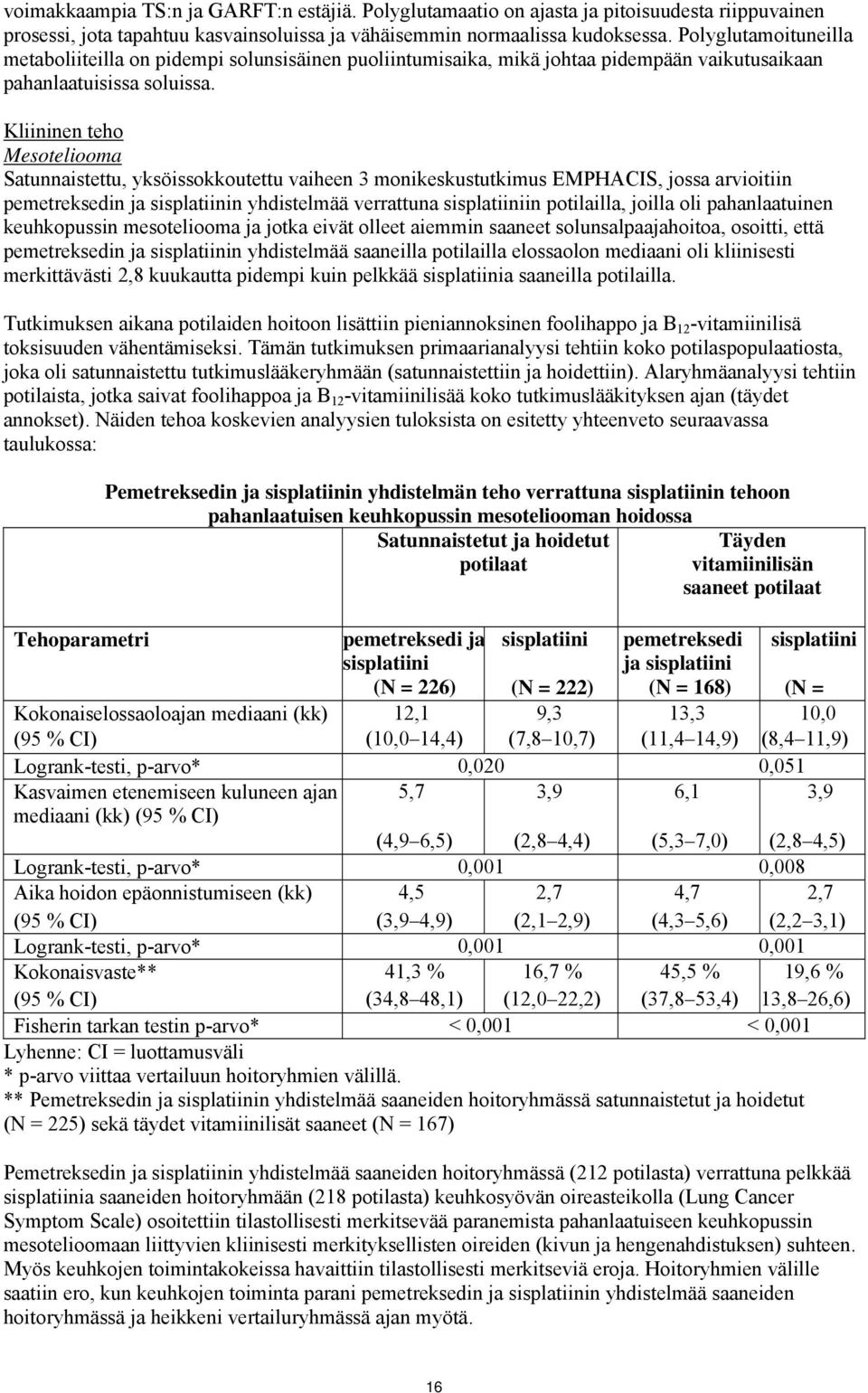 Kliininen teho Mesoteliooma Satunnaistettu, yksöissokkoutettu vaiheen 3 monikeskustutkimus EMPHACIS, jossa arvioitiin pemetreksedin ja sisplatiinin yhdistelmää verrattuna sisplatiiniin potilailla,