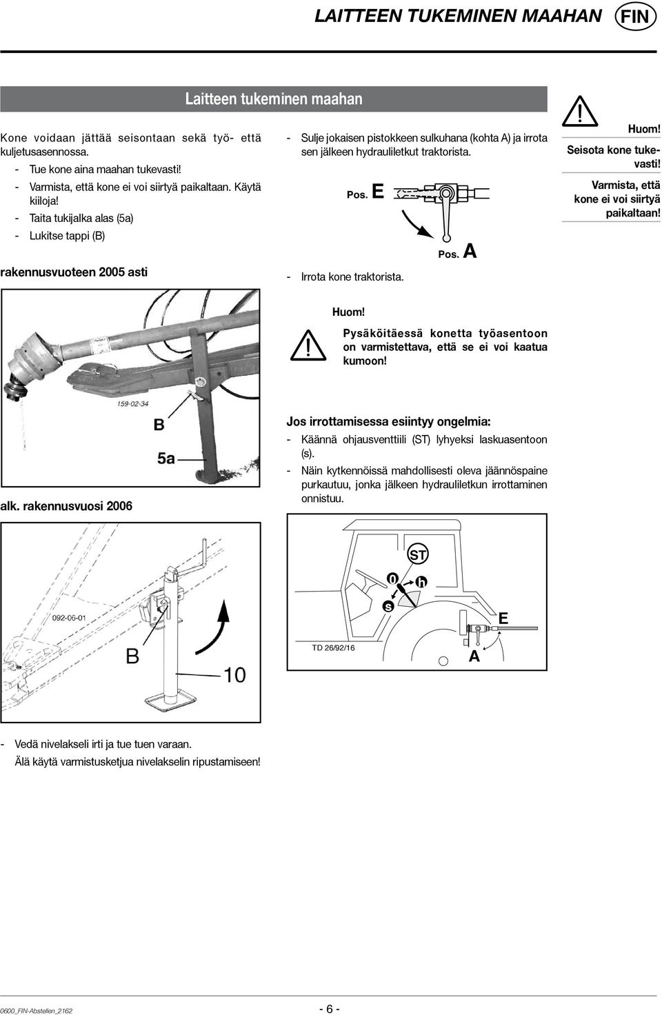 E - Irrota kone traktorista. Pos. A Seisota kone tukevasti! Varmista, että kone ei voi siirtyä paikaltaan! Pysäköitäessä konetta työasentoon on varmistettava, että se ei voi kaatua kumoon! alk.
