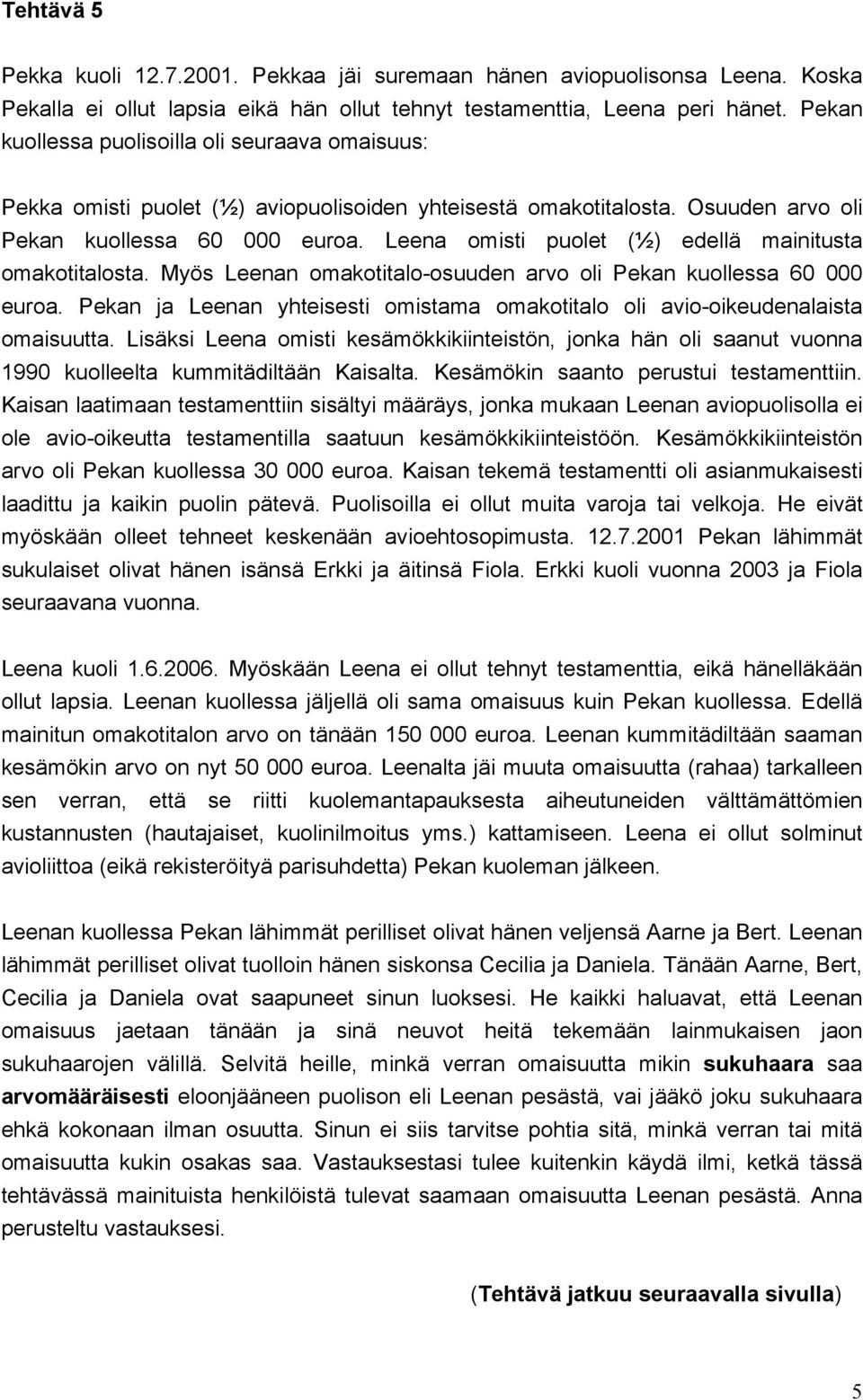 Leena omisti puolet (½) edellä mainitusta omakotitalosta. Myös Leenan omakotitalo-osuuden arvo oli Pekan kuollessa 60 000 euroa.