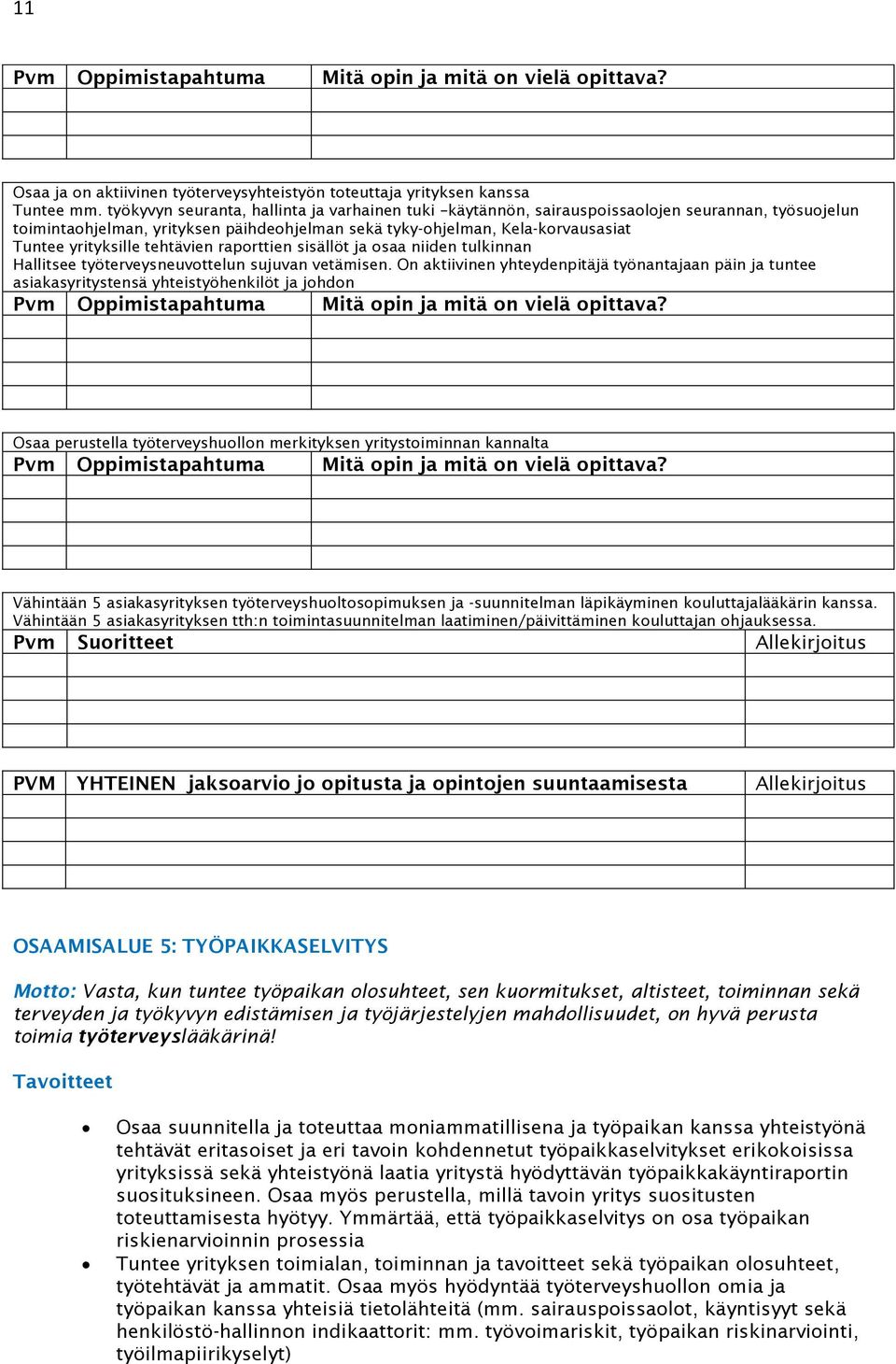 tehtävien raporttien sisällöt ja osaa niiden tulkinnan Hallitsee työterveysneuvottelun sujuvan vetämisen.