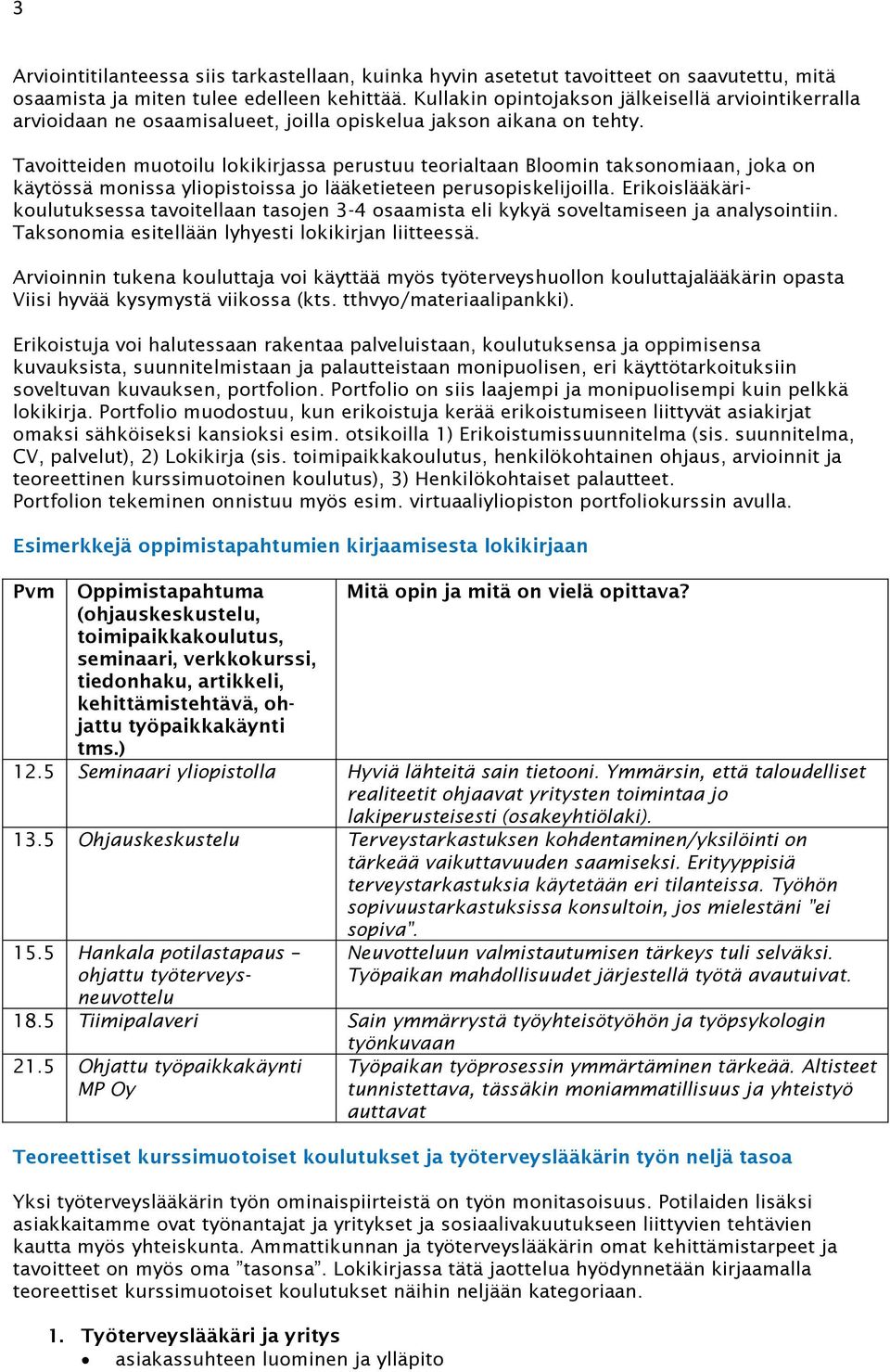 Tavoitteiden muotoilu lokikirjassa perustuu teorialtaan Bloomin taksonomiaan, joka on käytössä monissa yliopistoissa jo lääketieteen perusopiskelijoilla.