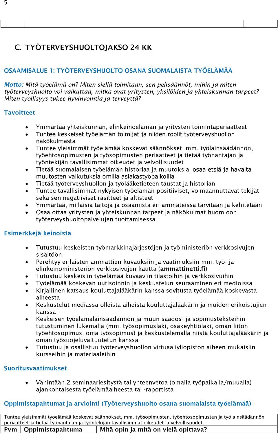 Tavoitteet Ymmärtää yhteiskunnan, elinkeinoelämän ja yritysten toimintaperiaatteet Tuntee keskeiset työelämän toimijat ja niiden roolit työterveyshuollon näkökulmasta Tuntee yleisimmät työelämää