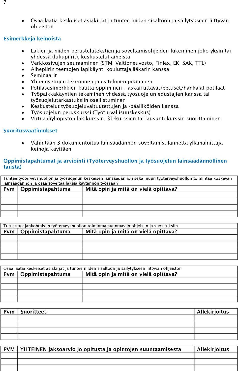 tekeminen ja esitelmien pitäminen Potilasesimerkkien kautta oppiminen askarruttavat/eettiset/hankalat potilaat Työpaikkakäyntien tekeminen yhdessä työsuojelun edustajien kanssa tai