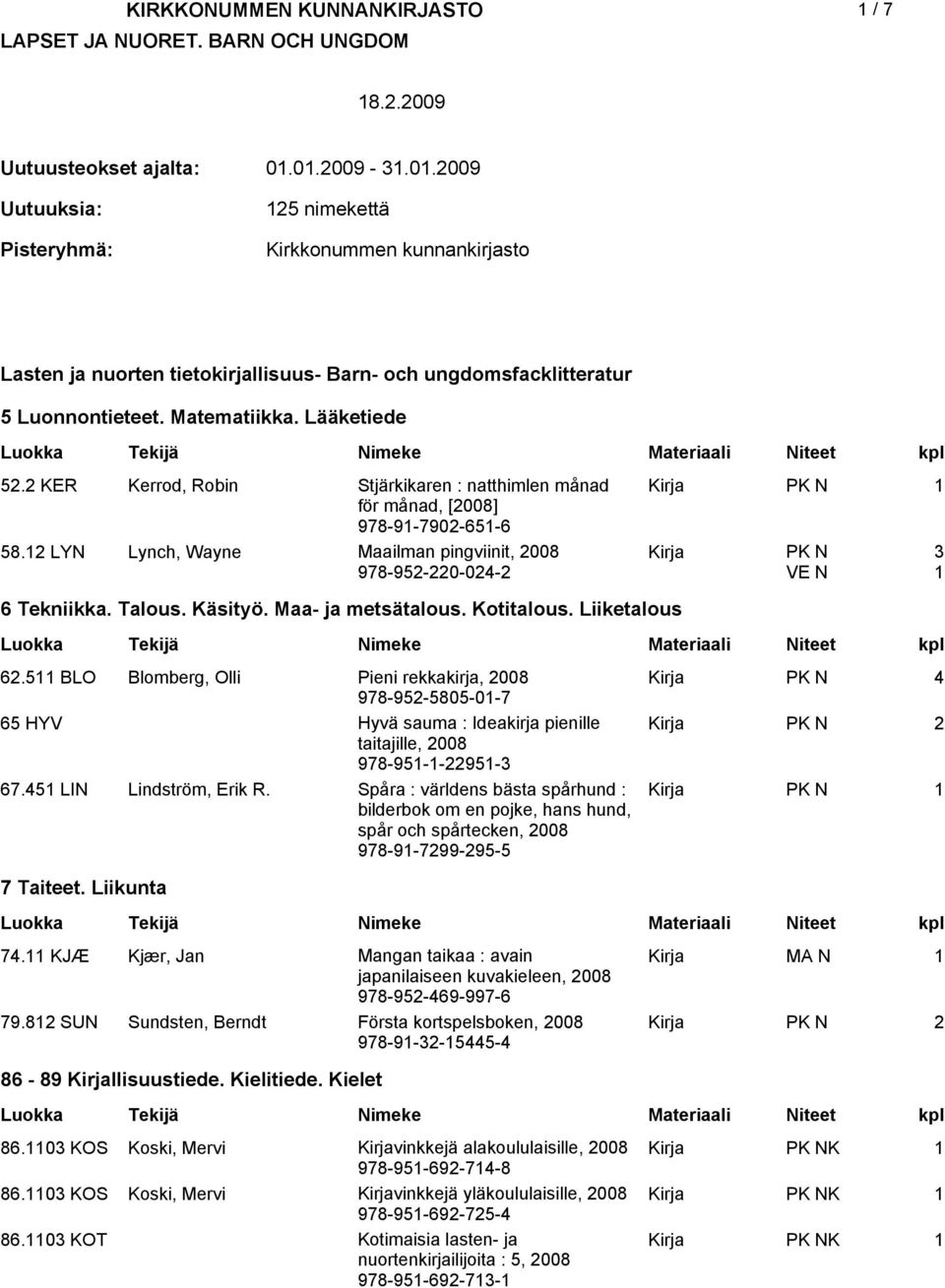 Matematiikka. Lääketiede 5. KER Kerrod, Robin Stjärkikaren : natthimlen månad för månad, [008] 978-9-790-65-6 58. LYN Lynch, Wayne Maailman pingviinit, 008 978-95-0-0- 3 6 Tekniikka. Talous. Käsityö.