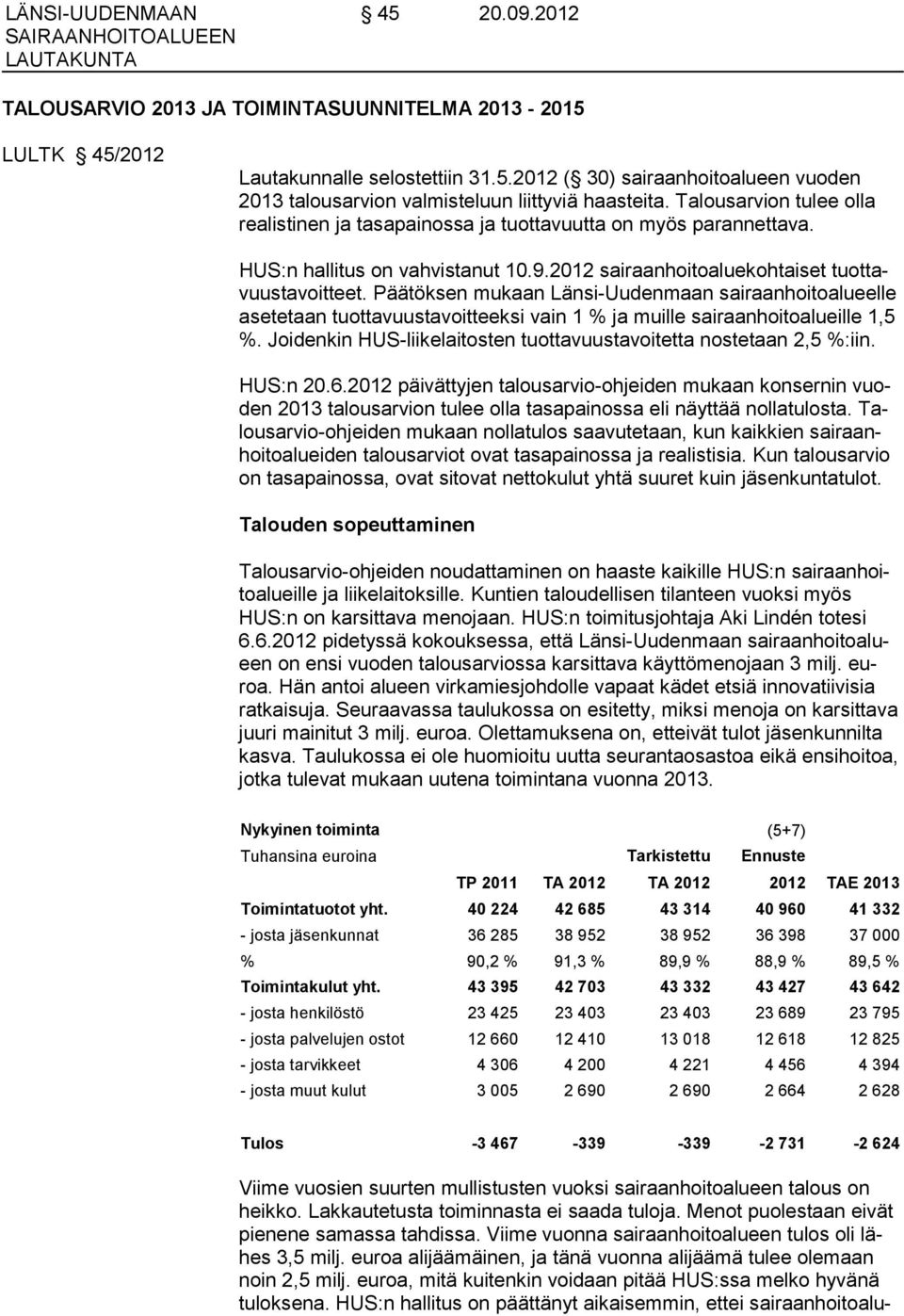 Päätöksen mukaan Länsi-Uudenmaan sairaanhoitoalueelle asetetaan tuottavuusta voitteeksi vain 1 % ja muille sairaanhoitoalueille 1,5 %.