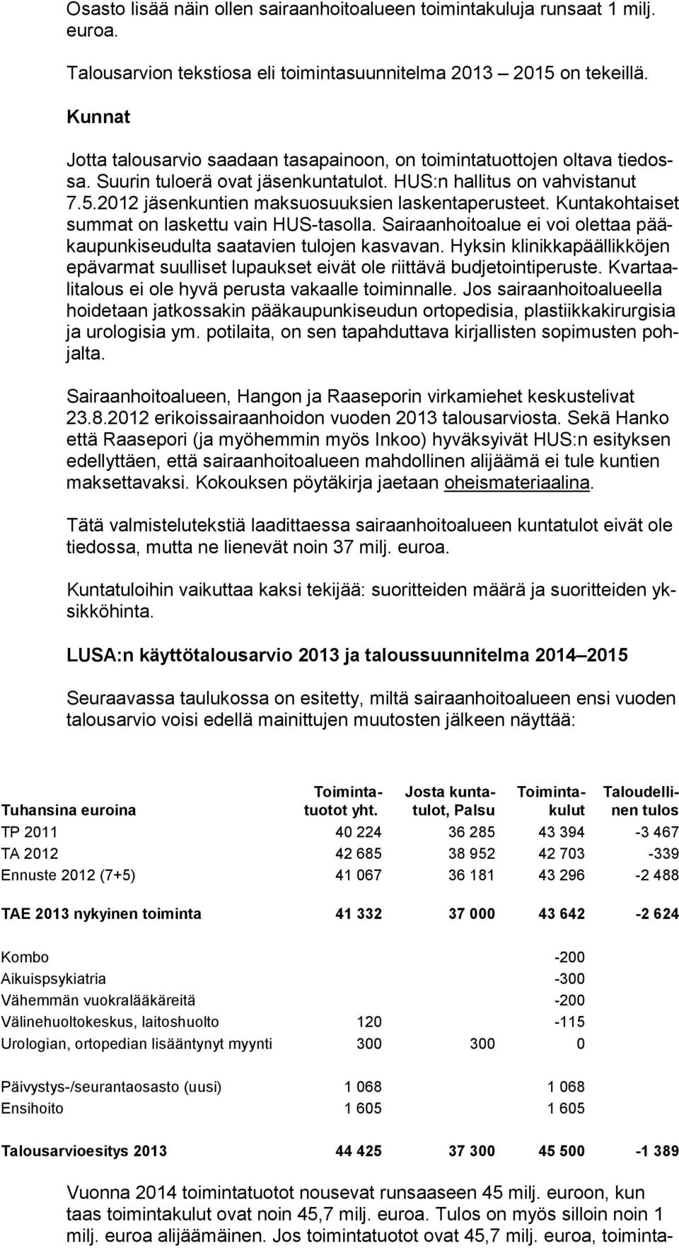 2012 jäsenkun tien mak suosuuksien laskentaperusteet. Kuntakohtaiset summat on las kettu vain HUS-tasolla. Sairaanhoitoalue ei voi olettaa pääkaupunkiseudulta saata vien tulojen kasvavan.