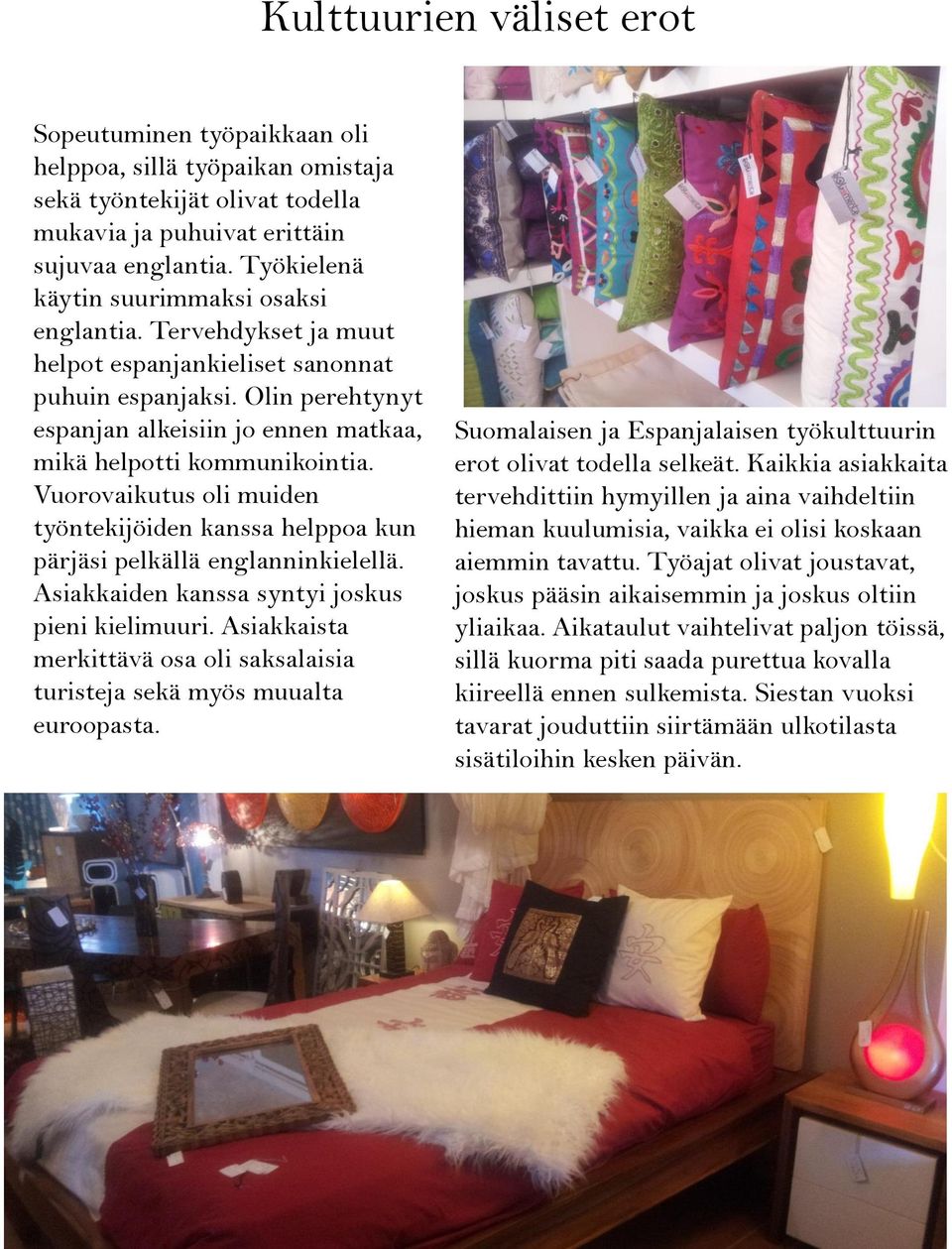 Olin perehtynyt espanjan alkeisiin jo ennen matkaa, mikä helpotti kommunikointia. Vuorovaikutus oli muiden työntekijöiden kanssa helppoa kun pärjäsi pelkällä englanninkielellä.