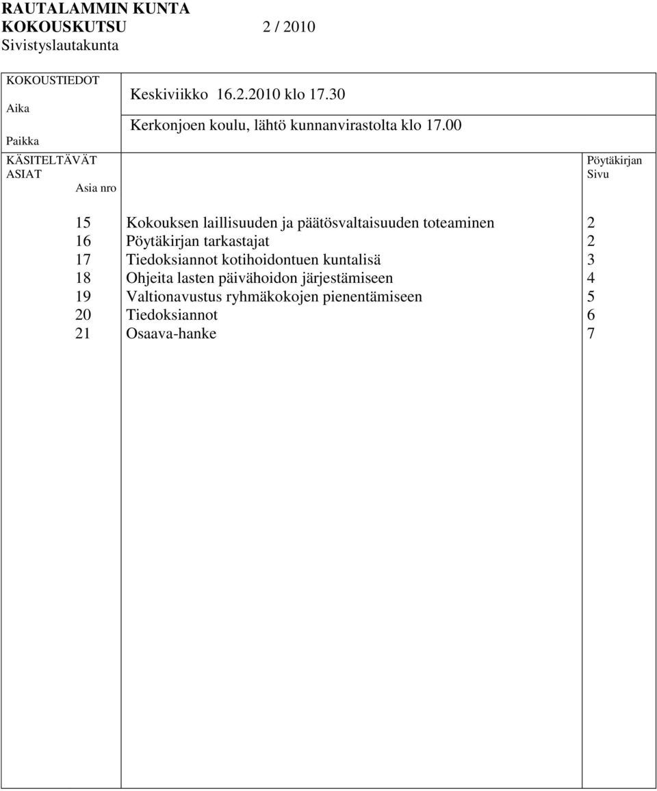 00 Kokouksen laillisuuden ja päätösvaltaisuuden toteaminen Pöytäkirjan tarkastajat Tiedoksiannot kotihoidontuen