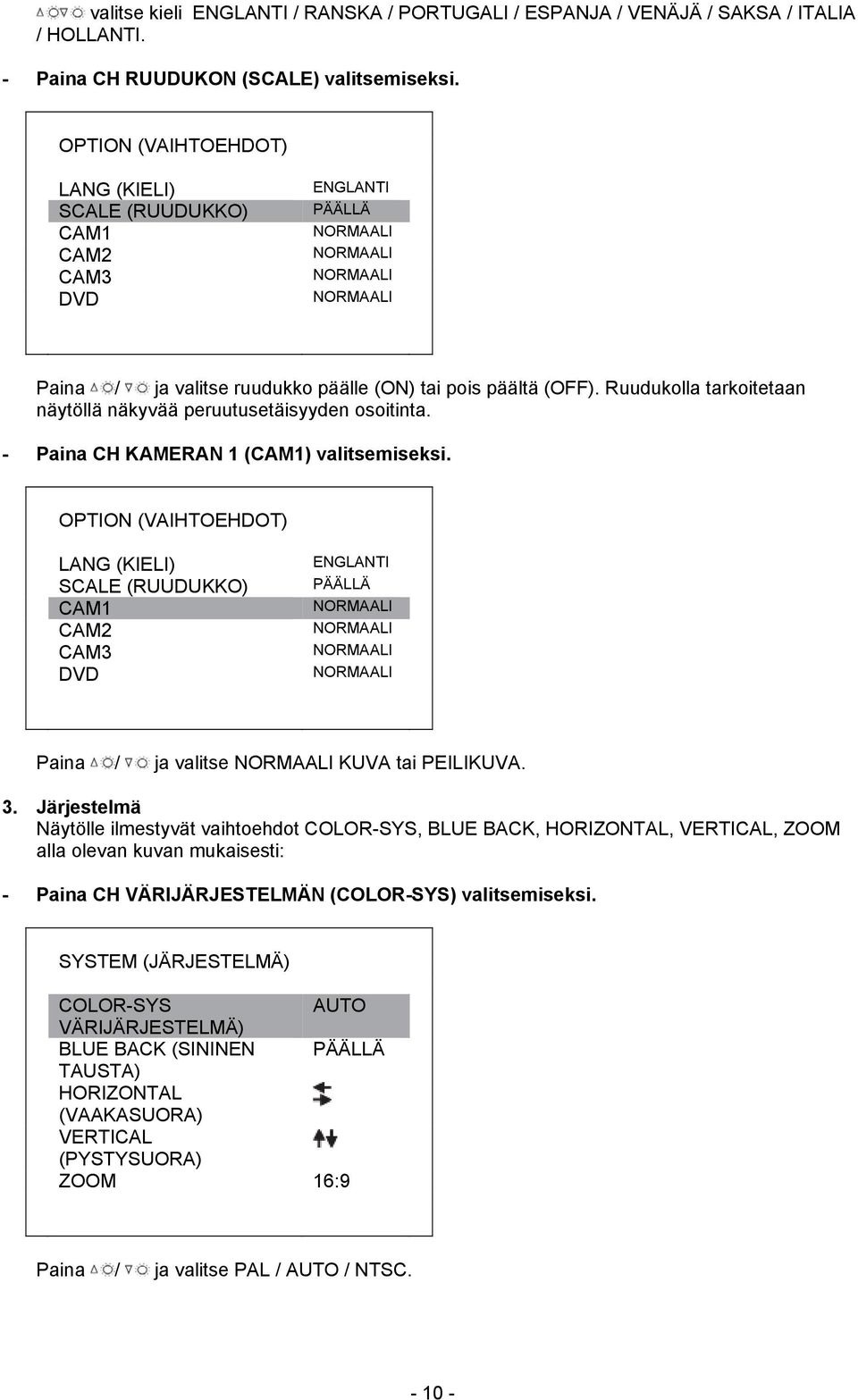 Ruudukolla tarkoitetaan näytöllä näkyvää peruutusetäisyyden osoitinta. - Paina CH KAMERAN 1 (CAM1) valitsemiseksi.