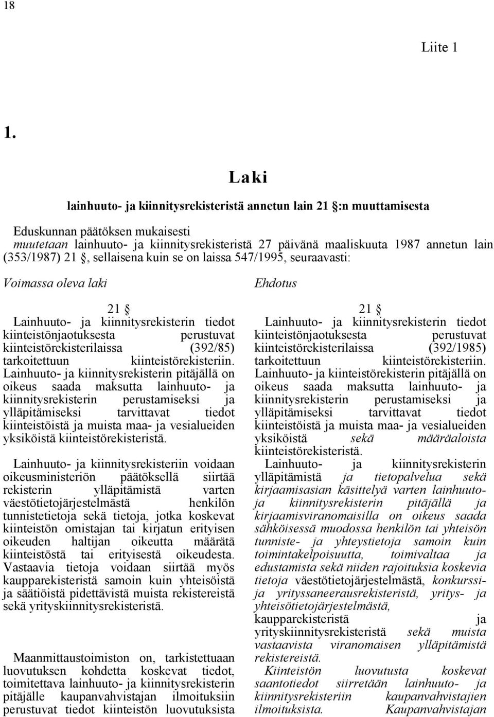 (353/1987) 21, sellaisena kuin se on laissa 547/1995, seuraavasti: Voimassa oleva laki 21 Lainhuuto- ja kiinnitysrekisterin tiedot kiinteistönjaotuksesta perustuvat kiinteistörekisterilaissa (392/85)