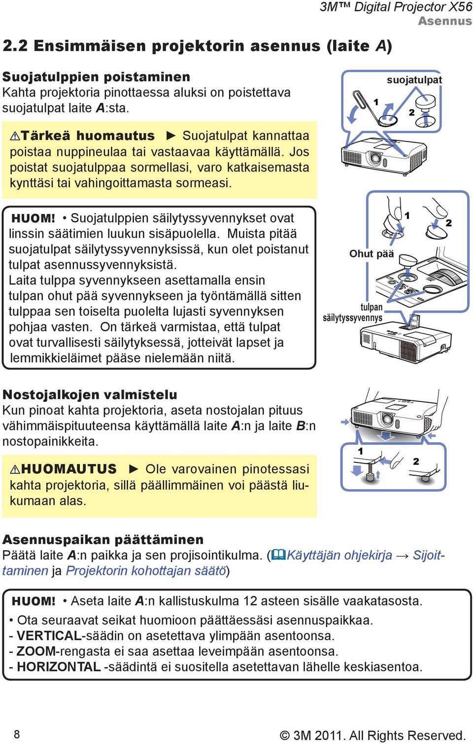 Suojatulppien säilytyssyvennykset ovat linssin säätimien luukun sisäpuolella. Muista pitää suojatulpat säilytyssyvennyksissä, kun olet poistanut tulpat asennussyvennyksistä.