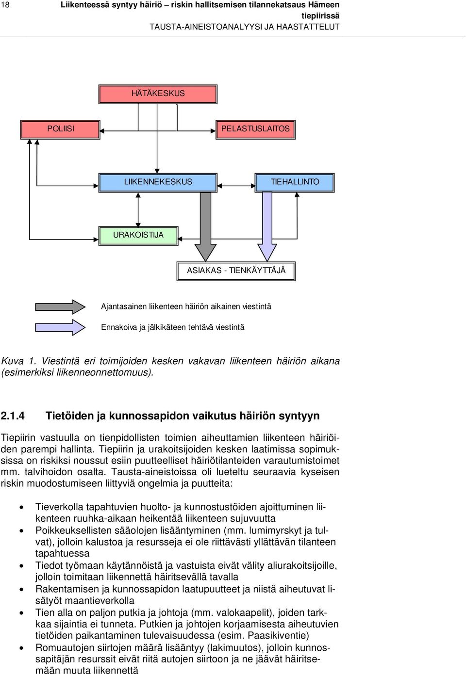 Viestintä eri toimijoiden kesken vakavan liikenteen häiriön aikana (esimerkiksi liikenneonnettomuus). 2.1.