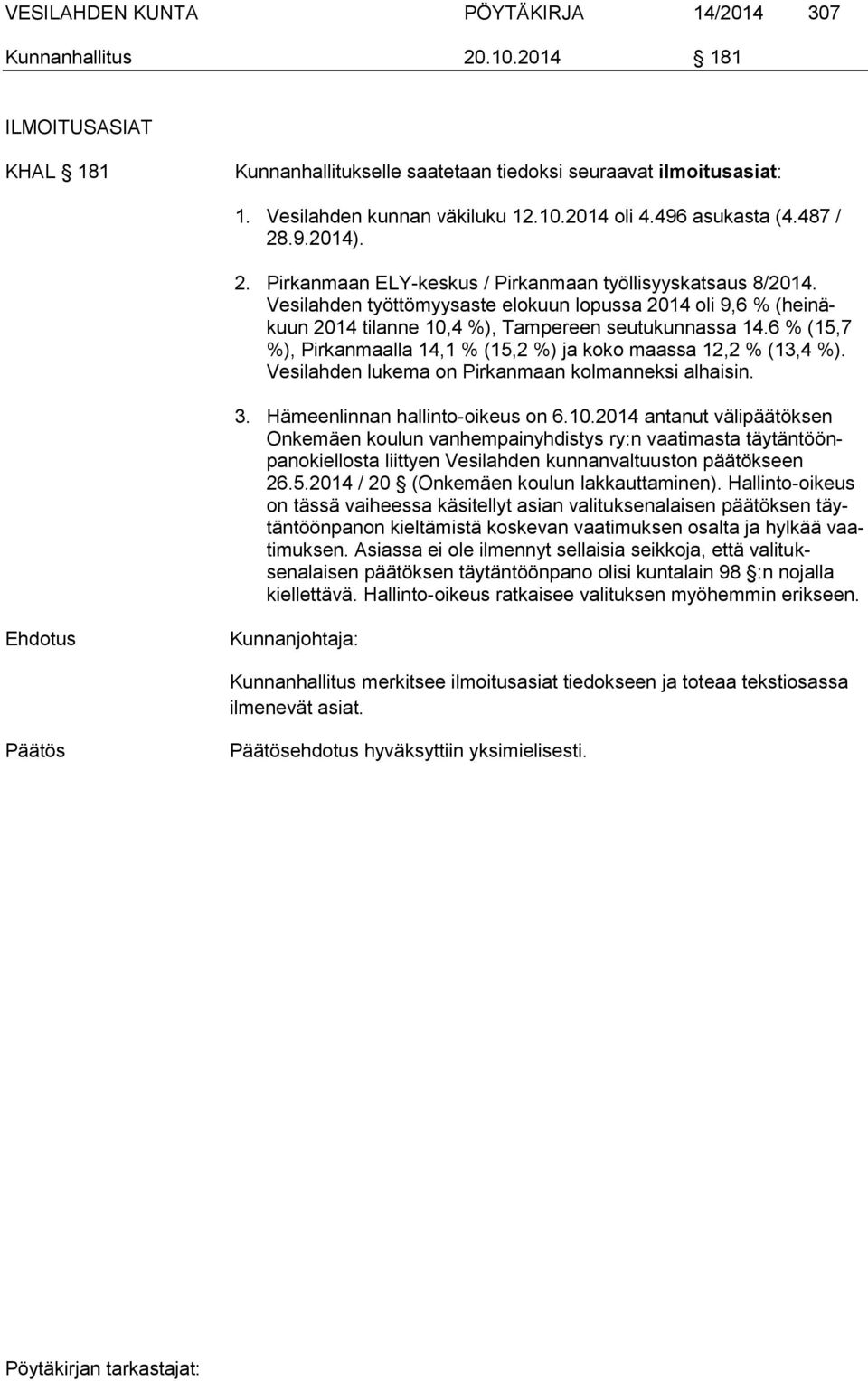 Vesilahden työttömyysaste elokuun lopussa 2014 oli 9,6 % (heinäkuun 2014 tilanne 10,4 %), Tampereen seutukunnassa 14.6 % (15,7 %), Pirkanmaalla 14,1 % (15,2 %) ja koko maassa 12,2 % (13,4 %).