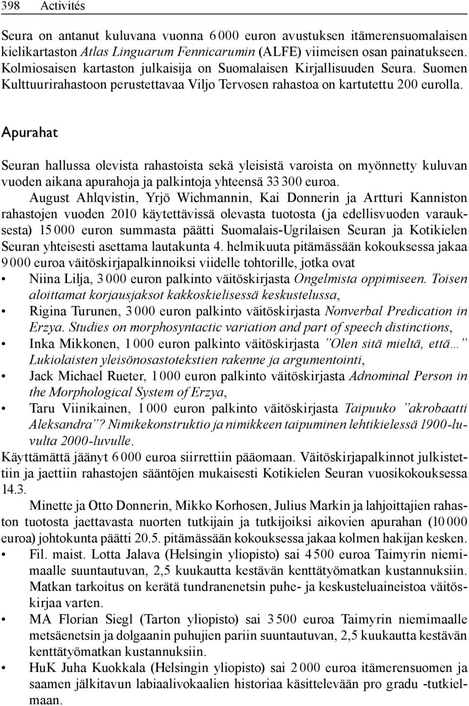 Apurahat Seuran hallussa olevista rahastoista sekä yleisistä varoista on myönnetty kuluvan vuoden aikana apurahoja ja palkintoja yhteensä 33 300 euroa.