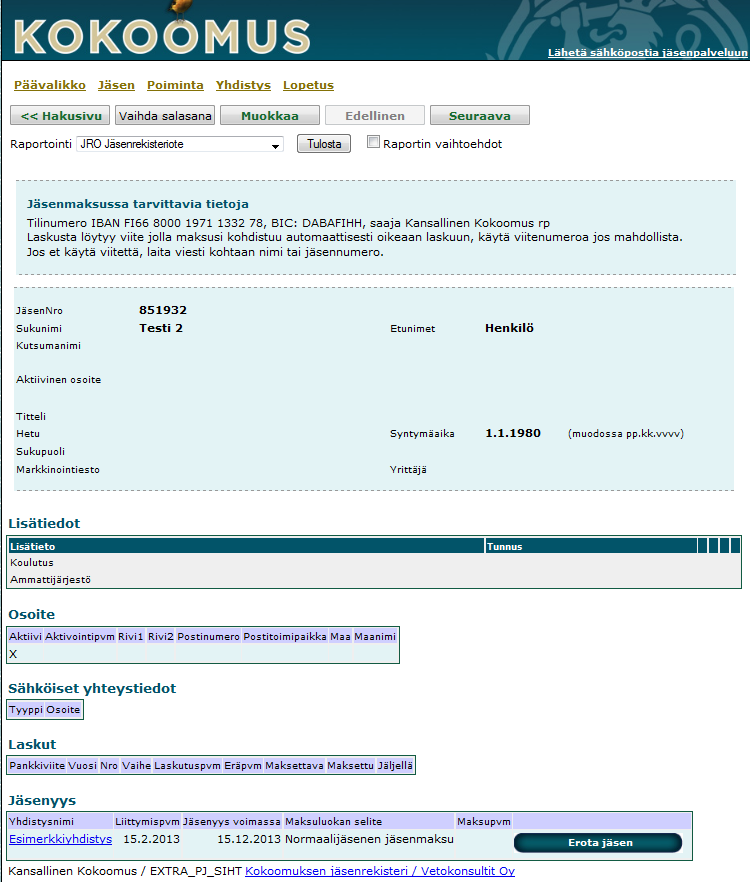 10 (28) 3.2. Tiedot sivu Valitaan klikkaamalla se jäsen, jonka tietoja halutaan käsitellä. Tiedot sivu avautuu. Sivulla on asiakkaan perustiedot kuten nimi, osoite ja puhelinnumero.