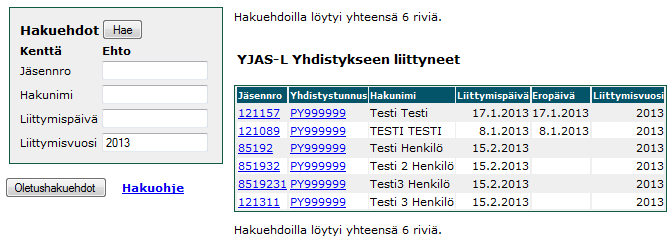 19 (28) 4.3. Yhdistyksestä eronneet Poiminta hakee yhdistyksestä eronneet. Oletusarvoisesti hakee kaikki kuluvana vuonna eronneet jäsenet. Hakuehdoilla voidaan rajata hakujoukkoja. 4.3.1. Eronneet-lista 4.