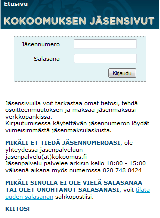 3 (28) Yhdistyskäyttäjien käyttöohje 1. Kirjautuminen Kirjautuminen tapahtuu menemällä osoitteeseen: www.kokoomus.fi Siellä sivun oikeasta yläreunassa löytyy linkki Jäsensivut.