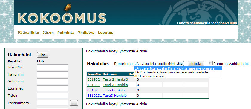 9 (28) 3. Jäsentietojen muokkaus ja jäsenmaksut Sovelluksella käsitellään jäsenten tietoja.