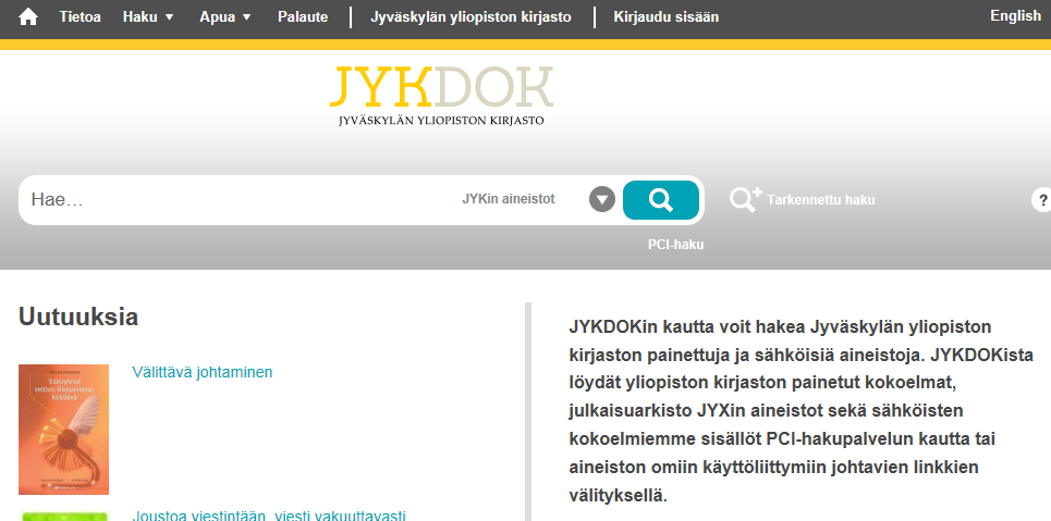 JYKDOK (linkissä ohjevideot) tutkijan käyttöliittymänä JYKDOK Aloitussivun