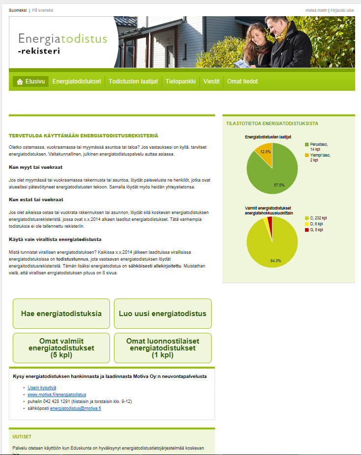 Laatijan etusivu 1 1. Kirjaudu sisään / ulos 2. Energiatodistukset haku 2 3 4 5 6 3. Todistusten laatijat haku 4. Tietopankki 5.