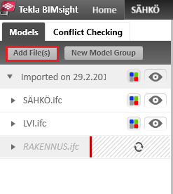 KUVA 21. IFC-tiedoston lisääminen Tiedostojen lataamisen jälkeen malleja voidaan tarkastella samassa ikkunassa. Mallien lataamisen jälkeen voidaan tehdä myös törmäystarkastelu.