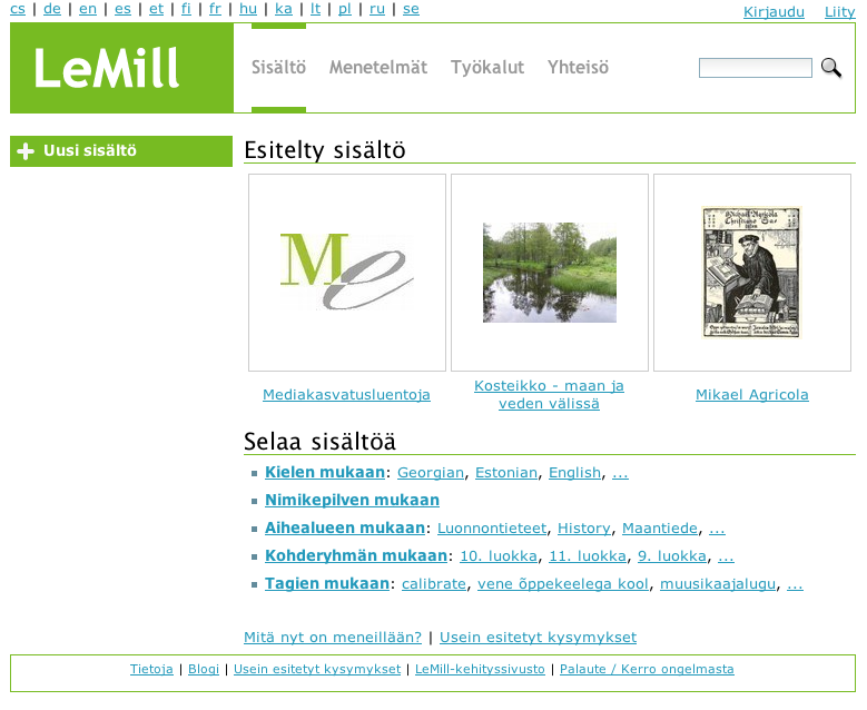 20 LUKU 3. MITEN LÖYDÄN AINEISTOA LEMILLISTÄ? 3.2 Miten selaan aineistoa LeMillissä? LeMillin oppimisresurssit on jaettu neljään osaan: sisältöihin, menetelmiin, työkaluihin ja yhteisöön.
