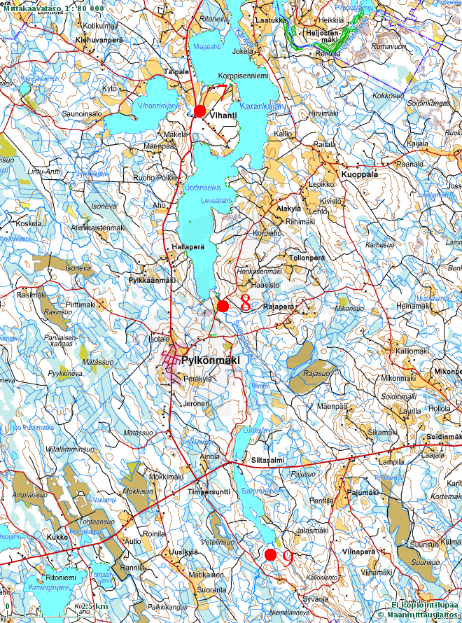 Liite 2B. Sähkökoekalastusten koealojen suurpiirteinen sijainti.