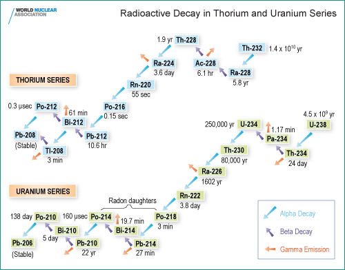 Kuva 3: Uraaniin ja thoriumin hajoamissarjat [20]. 217], ja kaikessa kaliumissa on 40 K isotooppia 0,0117 %.