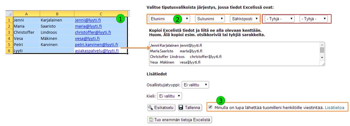 b) Lisää monta (Excel) Voit tuoda tiedot pikatuonnilla 1) Kopioi sarakkeen tiedot Excelistä ja liitä ne Lyytiin. 2) Valitse pudotusvalikoista, mitä tietoa tuomasi sarakkeet vastaavat.