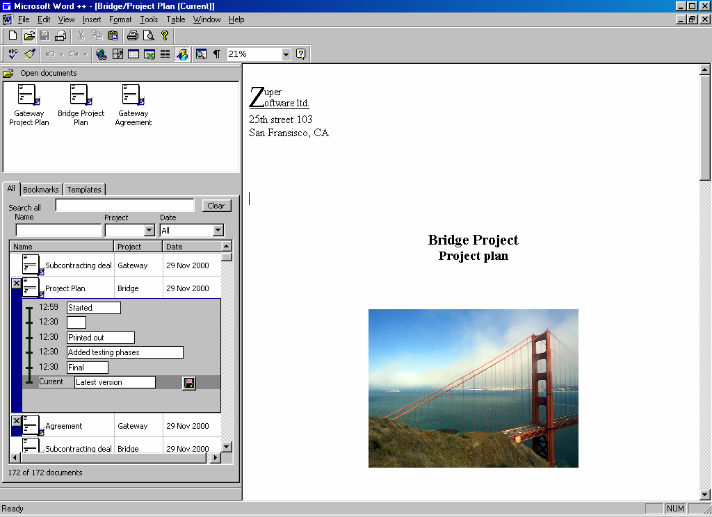 Open documents Split pane Continuous filter fields for locating documents Edit in place Version history of the active document Figure 1. A prototype of our save problem solution for Microsoft Word.