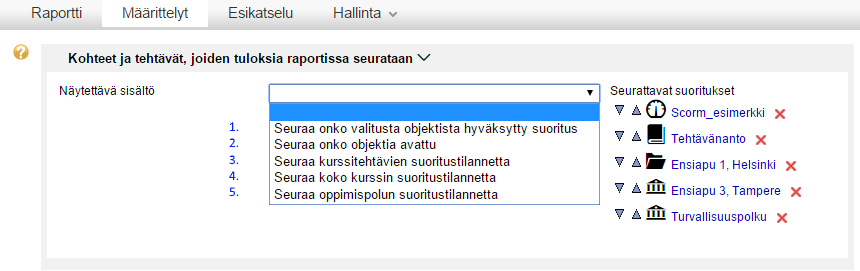 3 1 Mitä tietoja raportissa voi kerätä? 1. Raportissa voi seurata, onko käyttäjä saanut tietystä objektista hyväksytyn arvosanan arviointiskaalan mukaisesti: Raportissa näkyy rasti tai arvosana ja/tai arvosanan päivämäärä.